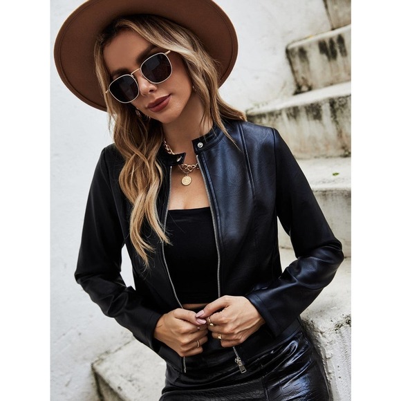 Zip up Vegan Leather Jacket Motorcycle Moto Jacket Black - Picture 6 of 7